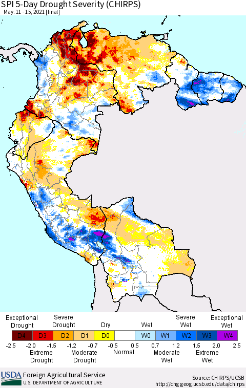 Northern South America SPI 5-Day Drought Severity (CHIRPS) Thematic Map For 5/11/2021 - 5/15/2021