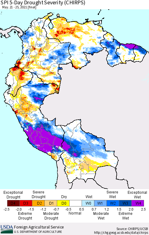 Northern South America SPI 5-Day Drought Severity (CHIRPS) Thematic Map For 5/21/2021 - 5/25/2021