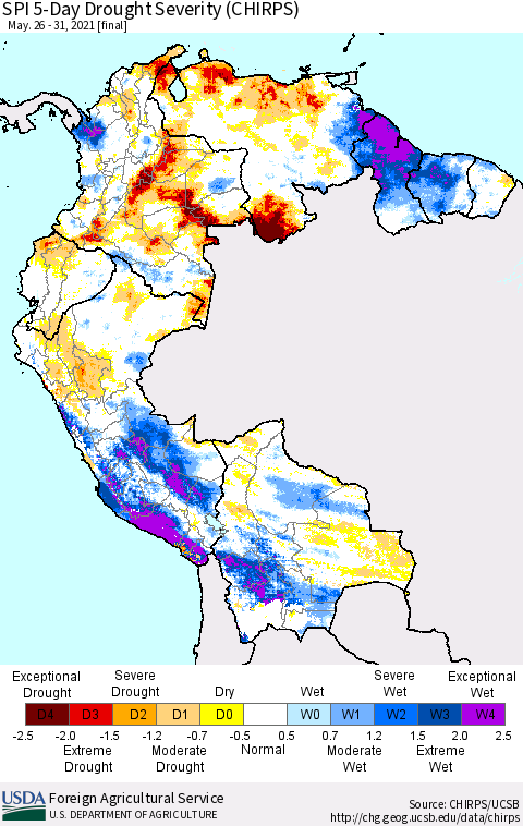 Northern South America SPI 5-Day Drought Severity (CHIRPS) Thematic Map For 5/26/2021 - 5/31/2021