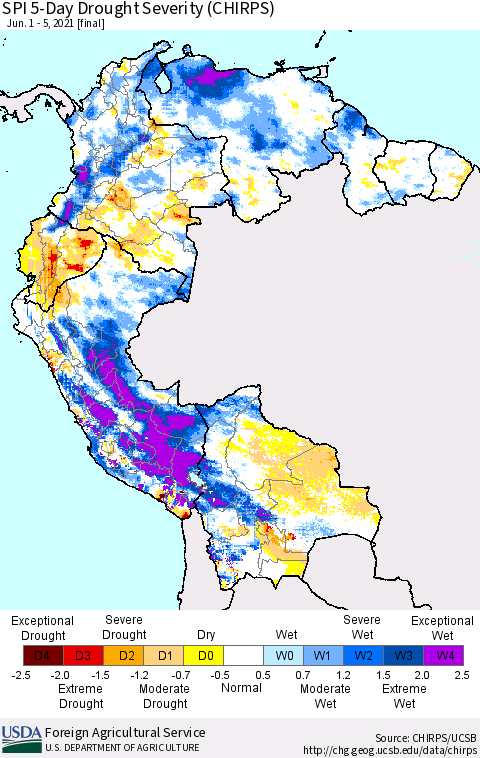 Northern South America SPI 5-Day Drought Severity (CHIRPS) Thematic Map For 6/1/2021 - 6/5/2021