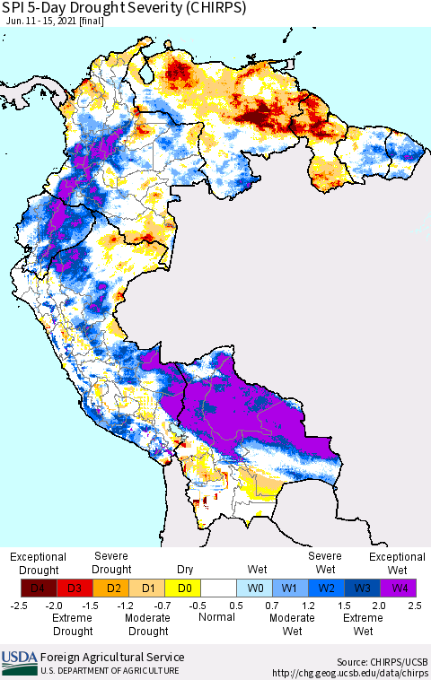 Northern South America SPI 5-Day Drought Severity (CHIRPS) Thematic Map For 6/11/2021 - 6/15/2021