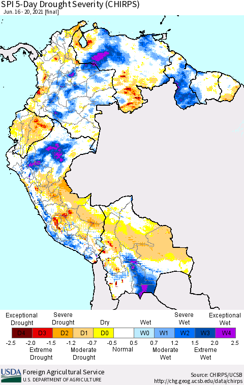 Northern South America SPI 5-Day Drought Severity (CHIRPS) Thematic Map For 6/16/2021 - 6/20/2021
