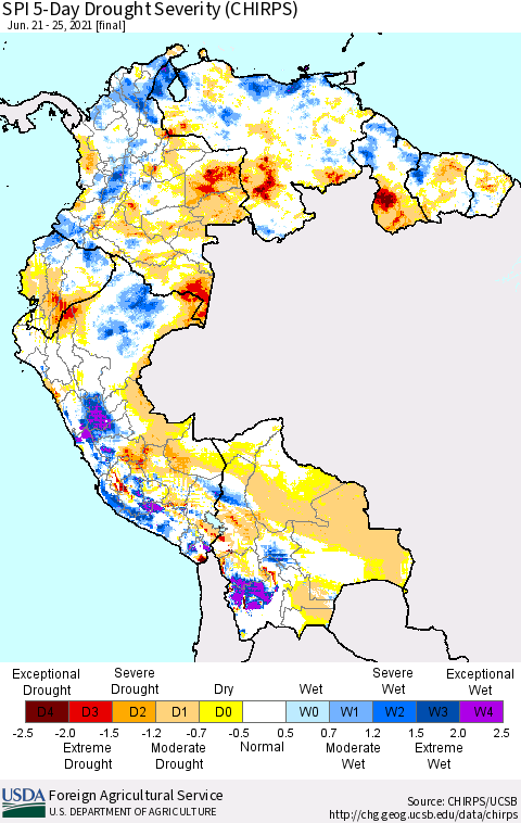 Northern South America SPI 5-Day Drought Severity (CHIRPS) Thematic Map For 6/21/2021 - 6/25/2021