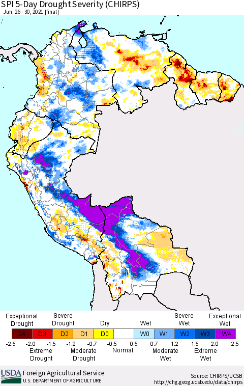 Northern South America SPI 5-Day Drought Severity (CHIRPS) Thematic Map For 6/26/2021 - 6/30/2021