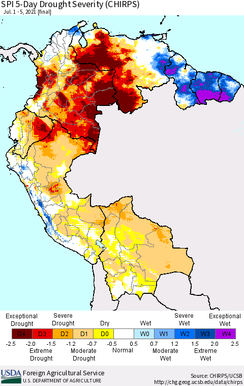 Northern South America SPI 5-Day Drought Severity (CHIRPS) Thematic Map For 7/1/2021 - 7/5/2021