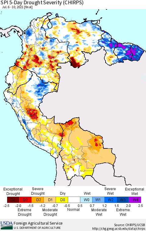 Northern South America SPI 5-Day Drought Severity (CHIRPS) Thematic Map For 7/6/2021 - 7/10/2021