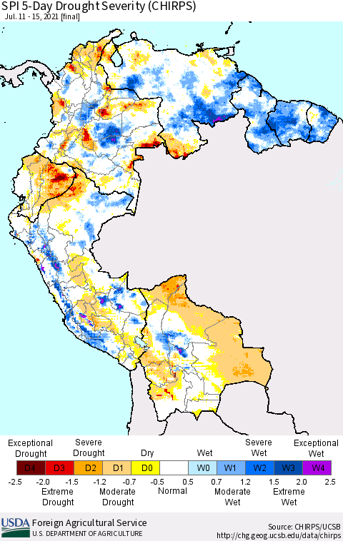 Northern South America SPI 5-Day Drought Severity (CHIRPS) Thematic Map For 7/11/2021 - 7/15/2021