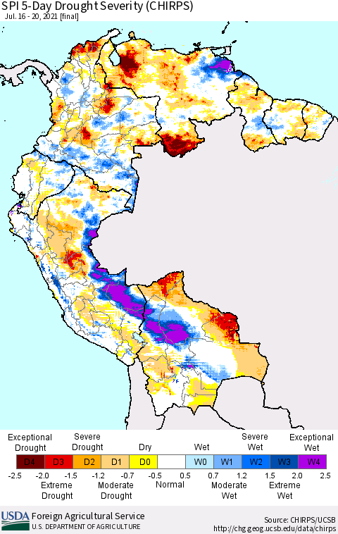 Northern South America SPI 5-Day Drought Severity (CHIRPS) Thematic Map For 7/16/2021 - 7/20/2021