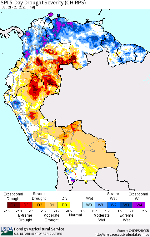 Northern South America SPI 5-Day Drought Severity (CHIRPS) Thematic Map For 7/21/2021 - 7/25/2021