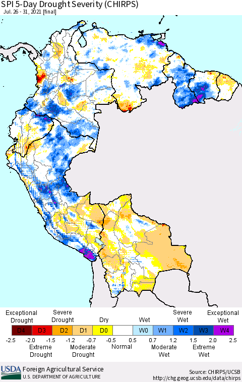 Northern South America SPI 5-Day Drought Severity (CHIRPS) Thematic Map For 7/26/2021 - 7/31/2021