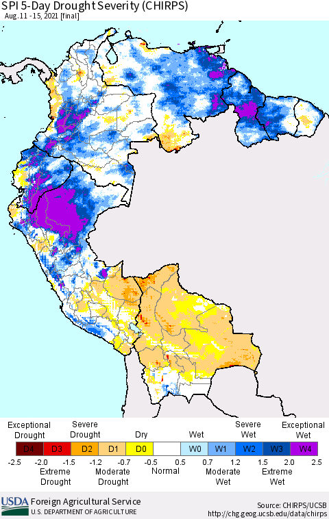 Northern South America SPI 5-Day Drought Severity (CHIRPS) Thematic Map For 8/11/2021 - 8/15/2021