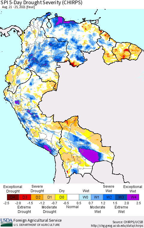 Northern South America SPI 5-Day Drought Severity (CHIRPS) Thematic Map For 8/21/2021 - 8/25/2021