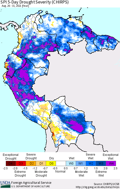 Northern South America SPI 5-Day Drought Severity (CHIRPS) Thematic Map For 8/26/2021 - 8/31/2021