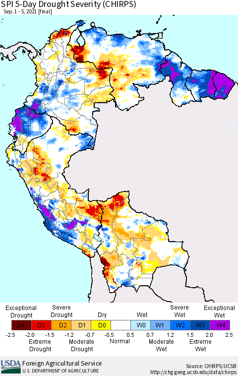 Northern South America SPI 5-Day Drought Severity (CHIRPS) Thematic Map For 9/1/2021 - 9/5/2021