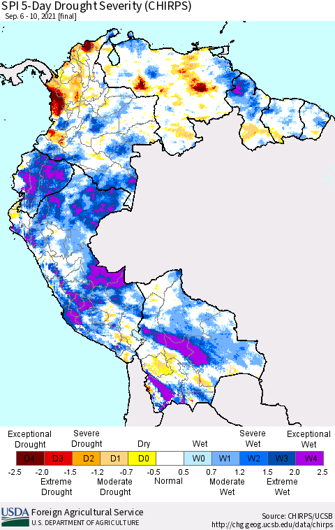 Northern South America SPI 5-Day Drought Severity (CHIRPS) Thematic Map For 9/6/2021 - 9/10/2021