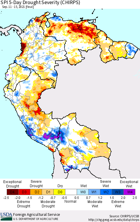 Northern South America SPI 5-Day Drought Severity (CHIRPS) Thematic Map For 9/11/2021 - 9/15/2021