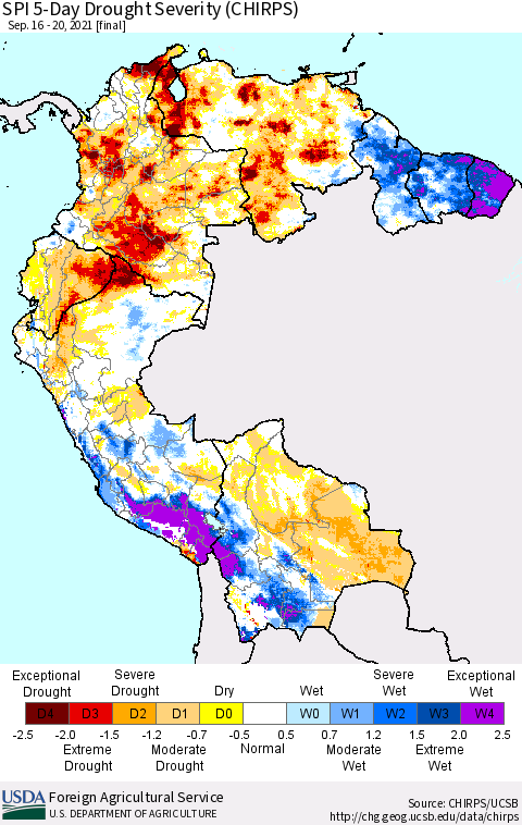 Northern South America SPI 5-Day Drought Severity (CHIRPS) Thematic Map For 9/16/2021 - 9/20/2021