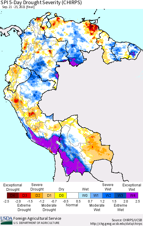 Northern South America SPI 5-Day Drought Severity (CHIRPS) Thematic Map For 9/21/2021 - 9/25/2021