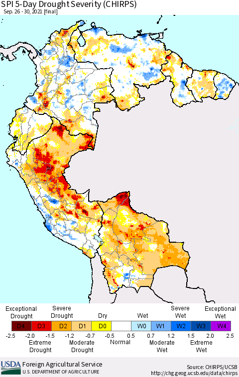 Northern South America SPI 5-Day Drought Severity (CHIRPS) Thematic Map For 9/26/2021 - 9/30/2021