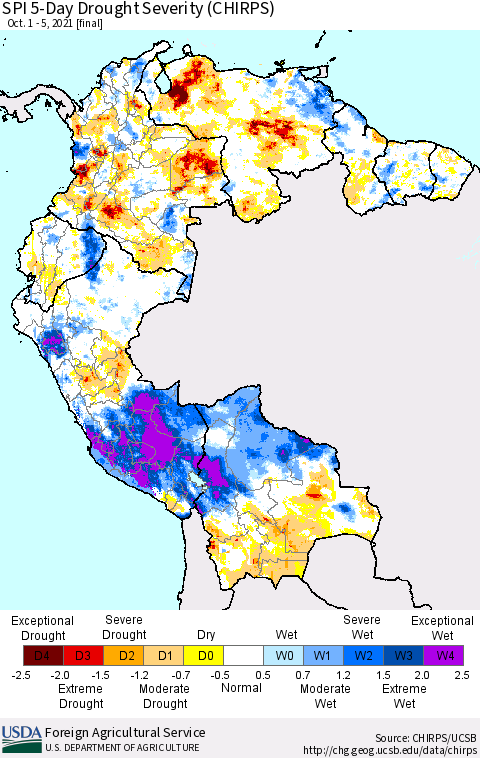 Northern South America SPI 5-Day Drought Severity (CHIRPS) Thematic Map For 10/1/2021 - 10/5/2021