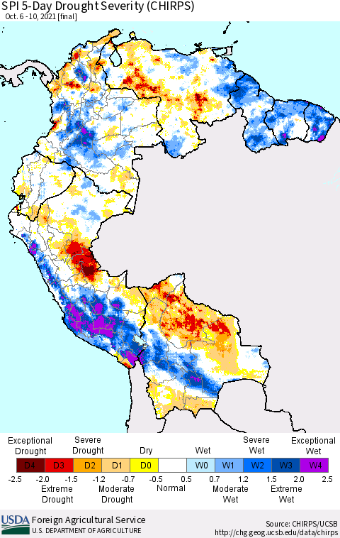 Northern South America SPI 5-Day Drought Severity (CHIRPS) Thematic Map For 10/6/2021 - 10/10/2021