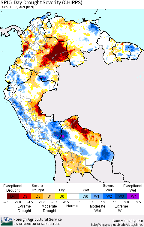 Northern South America SPI 5-Day Drought Severity (CHIRPS) Thematic Map For 10/11/2021 - 10/15/2021