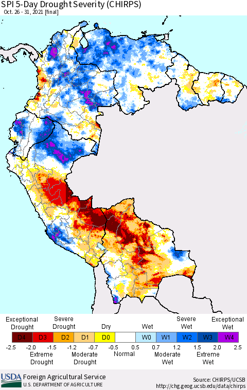 Northern South America SPI 5-Day Drought Severity (CHIRPS) Thematic Map For 10/26/2021 - 10/31/2021