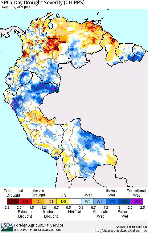 Northern South America SPI 5-Day Drought Severity (CHIRPS) Thematic Map For 11/1/2021 - 11/5/2021