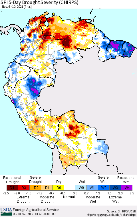 Northern South America SPI 5-Day Drought Severity (CHIRPS) Thematic Map For 11/6/2021 - 11/10/2021