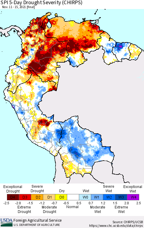 Northern South America SPI 5-Day Drought Severity (CHIRPS) Thematic Map For 11/11/2021 - 11/15/2021