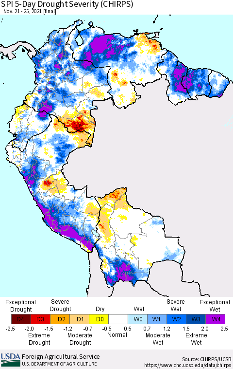 Northern South America SPI 5-Day Drought Severity (CHIRPS) Thematic Map For 11/21/2021 - 11/25/2021