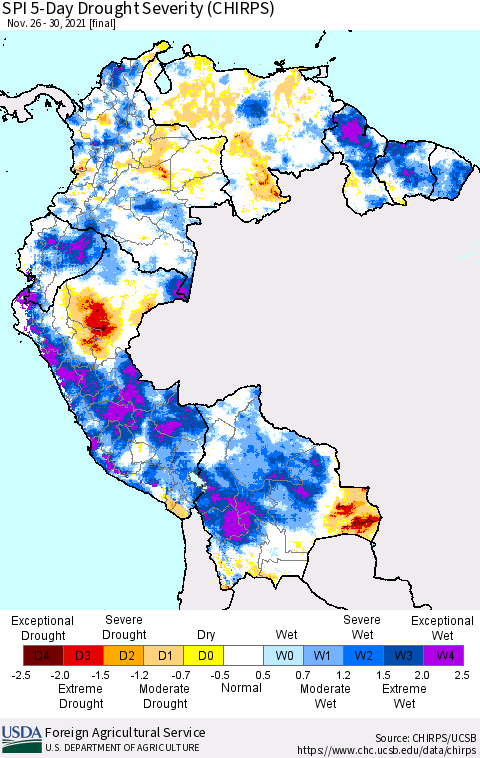 Northern South America SPI 5-Day Drought Severity (CHIRPS) Thematic Map For 11/26/2021 - 11/30/2021