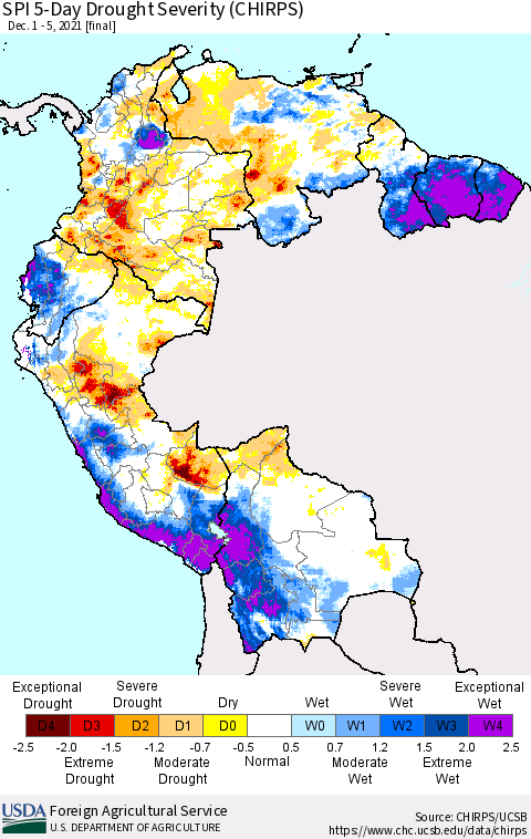 Northern South America SPI 5-Day Drought Severity (CHIRPS) Thematic Map For 12/1/2021 - 12/5/2021
