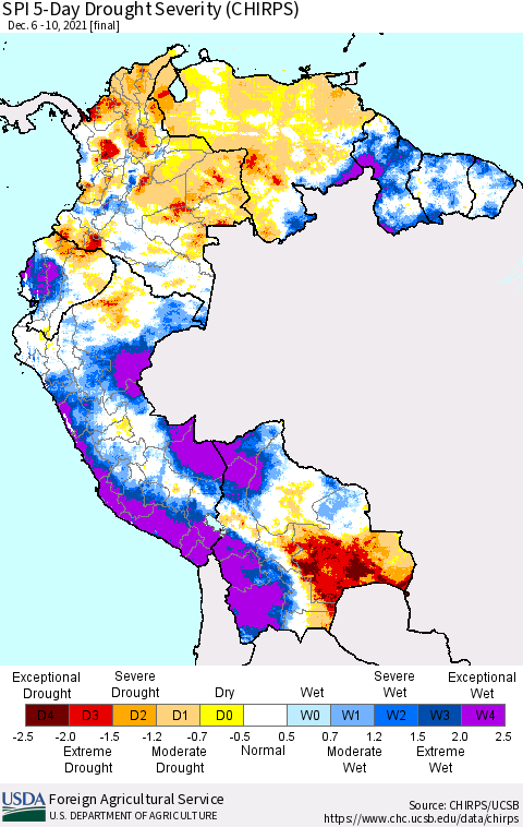 Northern South America SPI 5-Day Drought Severity (CHIRPS) Thematic Map For 12/6/2021 - 12/10/2021