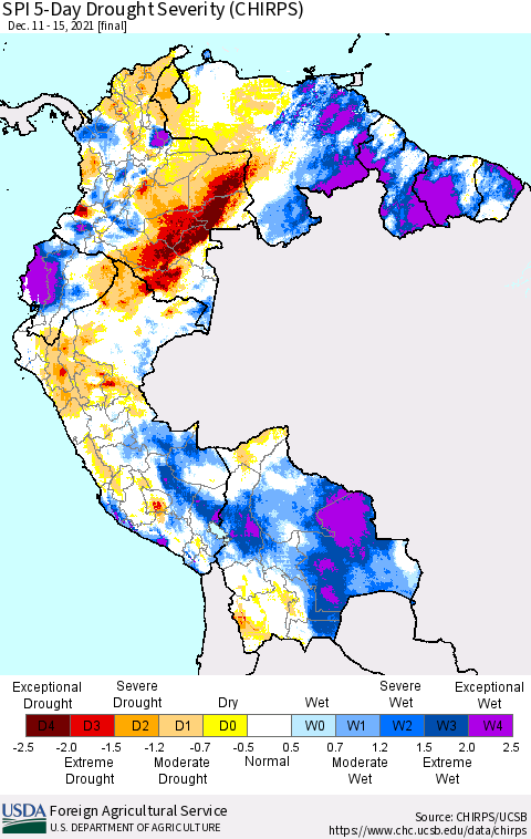 Northern South America SPI 5-Day Drought Severity (CHIRPS) Thematic Map For 12/11/2021 - 12/15/2021