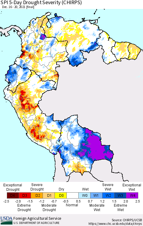 Northern South America SPI 5-Day Drought Severity (CHIRPS) Thematic Map For 12/16/2021 - 12/20/2021