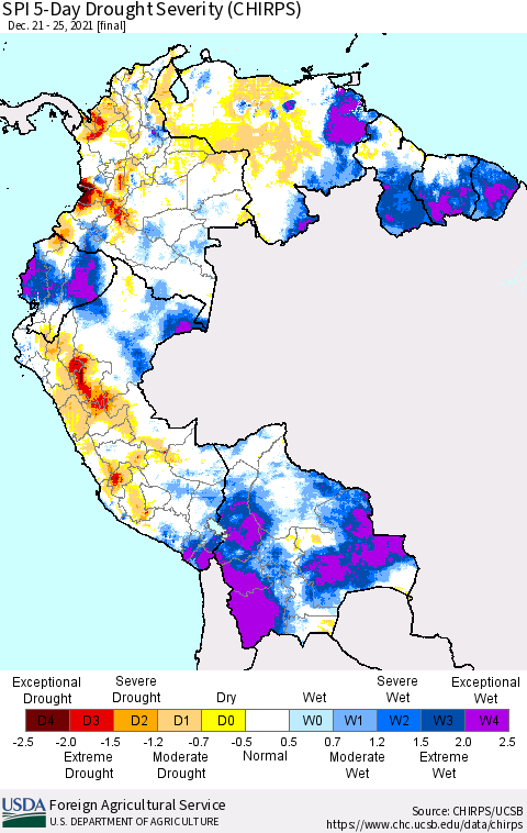 Northern South America SPI 5-Day Drought Severity (CHIRPS) Thematic Map For 12/21/2021 - 12/25/2021