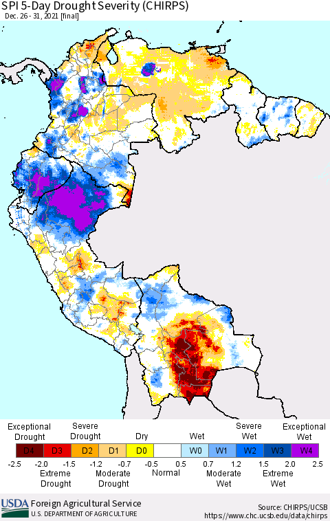 Northern South America SPI 5-Day Drought Severity (CHIRPS) Thematic Map For 12/26/2021 - 12/31/2021