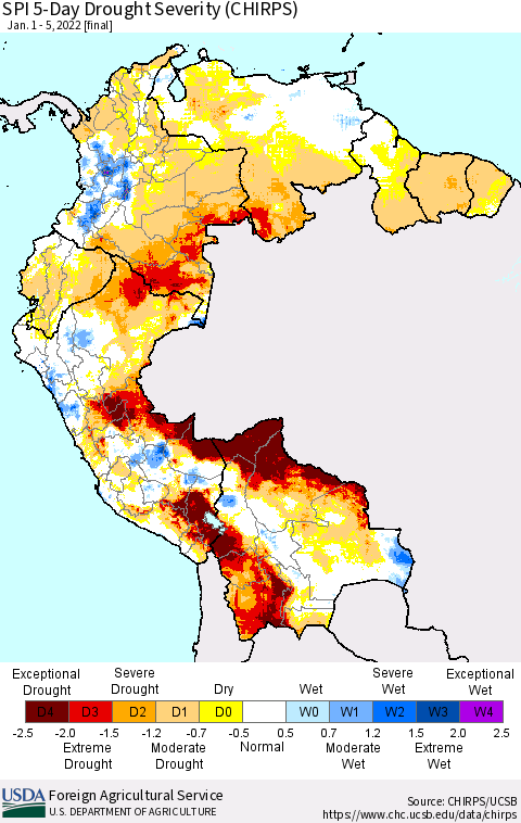 Northern South America SPI 5-Day Drought Severity (CHIRPS) Thematic Map For 1/1/2022 - 1/5/2022