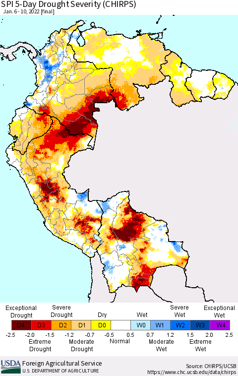 Northern South America SPI 5-Day Drought Severity (CHIRPS) Thematic Map For 1/6/2022 - 1/10/2022