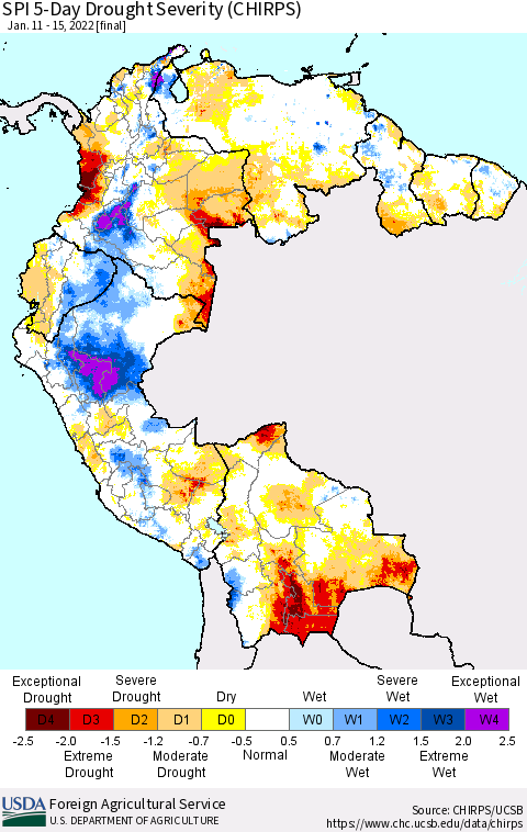 Northern South America SPI 5-Day Drought Severity (CHIRPS) Thematic Map For 1/11/2022 - 1/15/2022