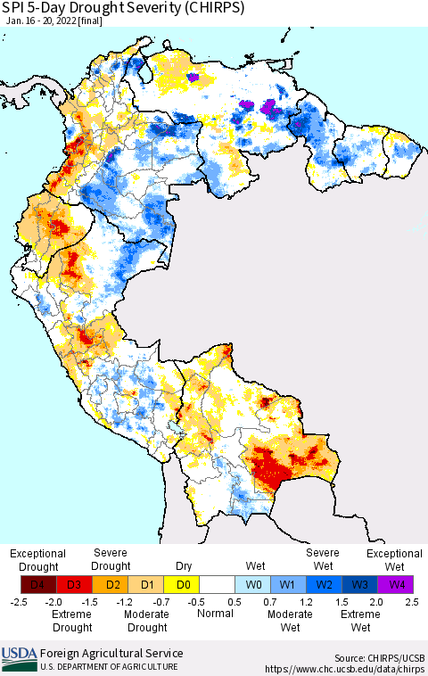 Northern South America SPI 5-Day Drought Severity (CHIRPS) Thematic Map For 1/16/2022 - 1/20/2022