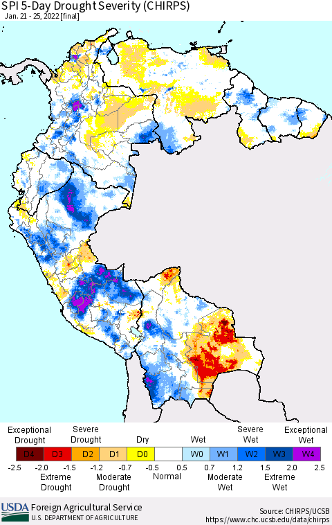 Northern South America SPI 5-Day Drought Severity (CHIRPS) Thematic Map For 1/21/2022 - 1/25/2022