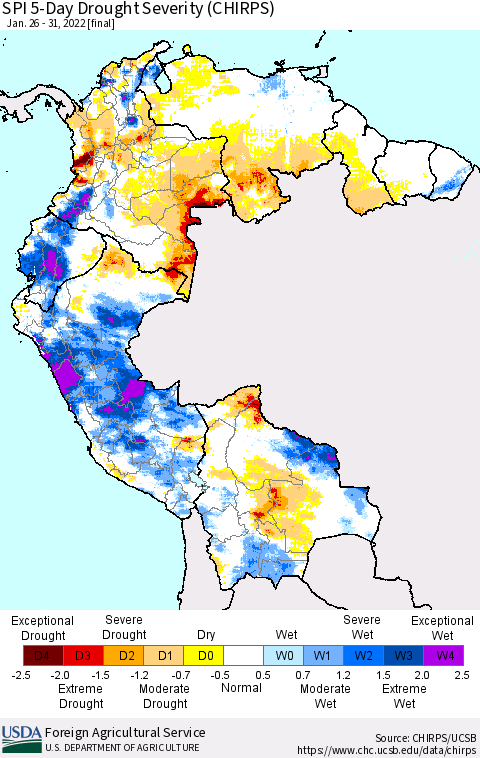 Northern South America SPI 5-Day Drought Severity (CHIRPS) Thematic Map For 1/26/2022 - 1/31/2022