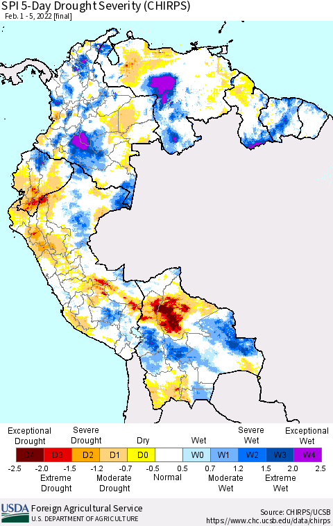 Northern South America SPI 5-Day Drought Severity (CHIRPS) Thematic Map For 2/1/2022 - 2/5/2022