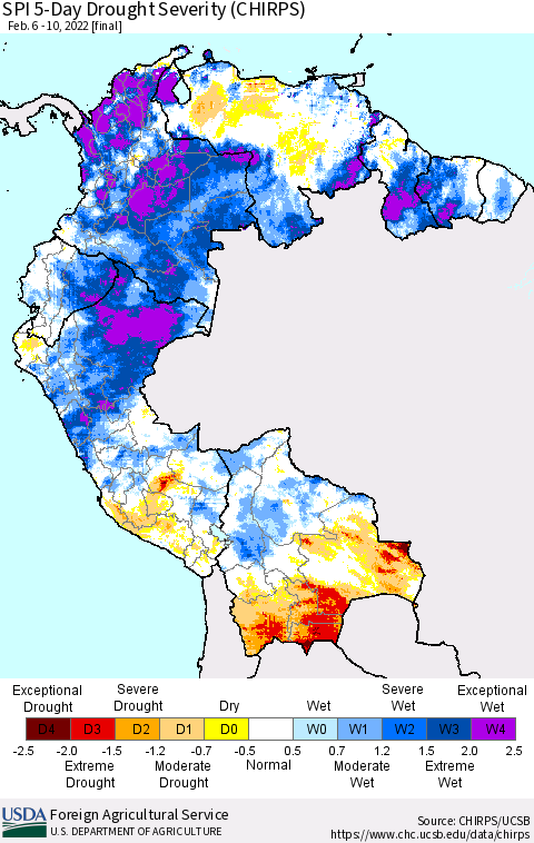 Northern South America SPI 5-Day Drought Severity (CHIRPS) Thematic Map For 2/6/2022 - 2/10/2022