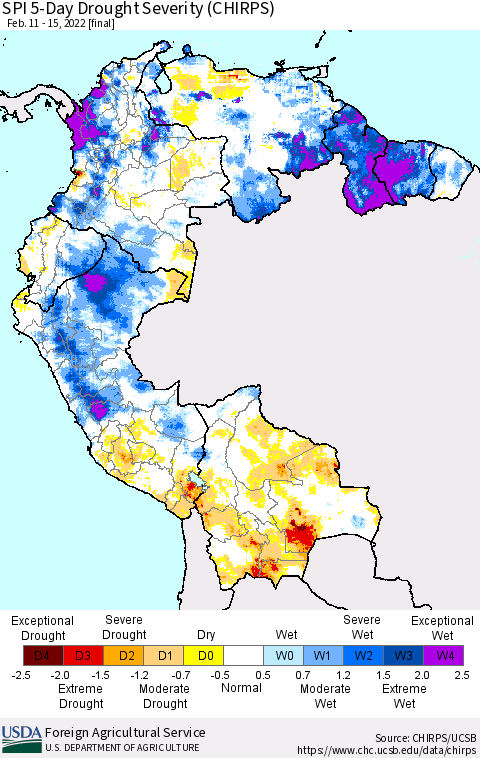 Northern South America SPI 5-Day Drought Severity (CHIRPS) Thematic Map For 2/11/2022 - 2/15/2022