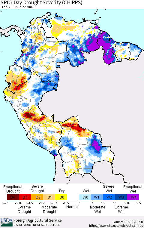 Northern South America SPI 5-Day Drought Severity (CHIRPS) Thematic Map For 2/21/2022 - 2/25/2022