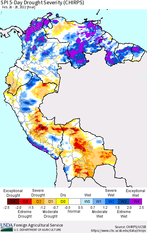 Northern South America SPI 5-Day Drought Severity (CHIRPS) Thematic Map For 2/26/2022 - 2/28/2022