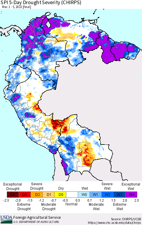 Northern South America SPI 5-Day Drought Severity (CHIRPS) Thematic Map For 3/1/2022 - 3/5/2022